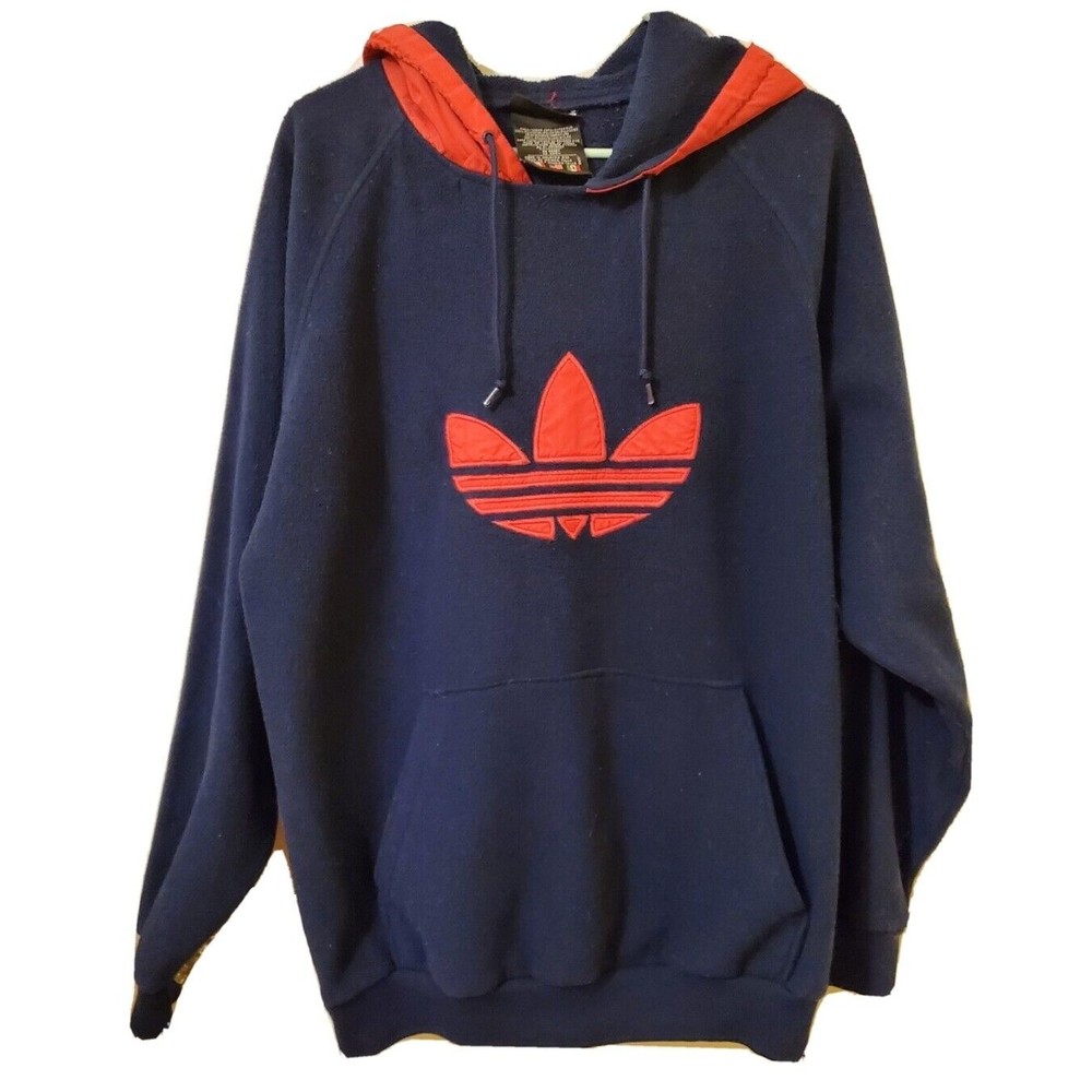 Vintage Adidas Fleece Navy Blue Sweatshirt Adult Large Red Trefoil Logo & Hood
